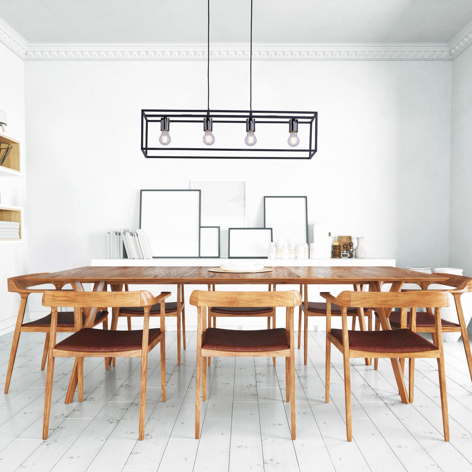 Schwarze, 4-flammige Pendelleuchte Fabio im Vintage-Look über Esstisch.