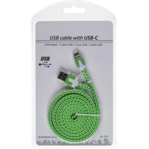 Buntes USB 2.0 Ladekabel (2 m) mit USB-C Anschluss in Verpackung.