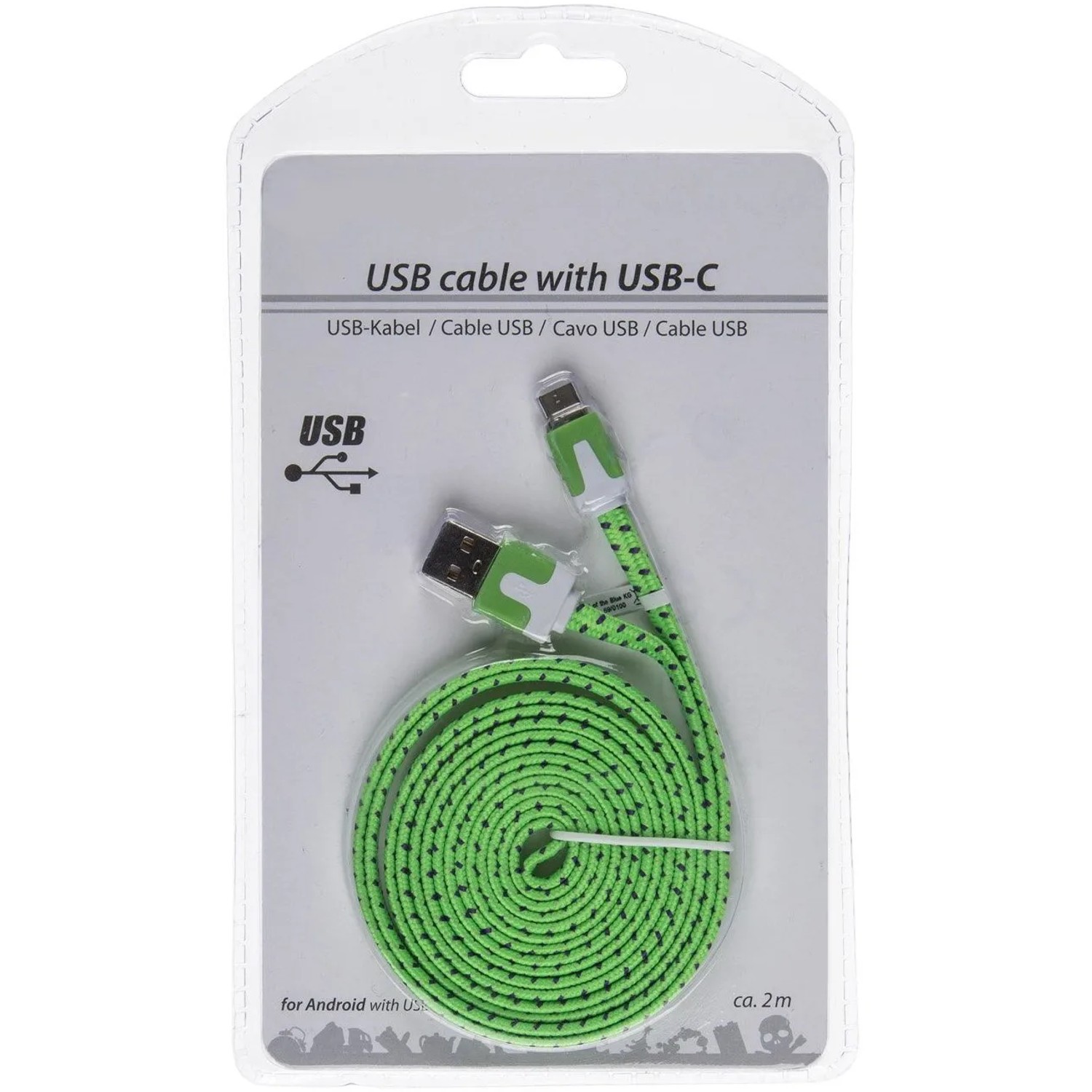 Buntes USB 2.0 Ladekabel (2 m) mit USB-C Anschluss in Verpackung.