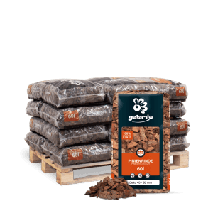 Galamio Pinien Rindenmulch Deko, 12 Säcke à 60l auf Palette. Rotbrauner Mulch 40-60mm für Garten und Beet.