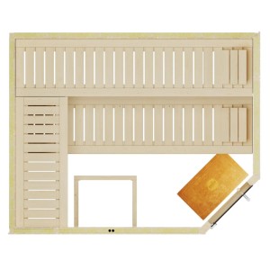 Weka Element-Ecksauna Varberg 4 Sparset, Ansicht von oben mit Bänken, Ofenschutz und Glastür.