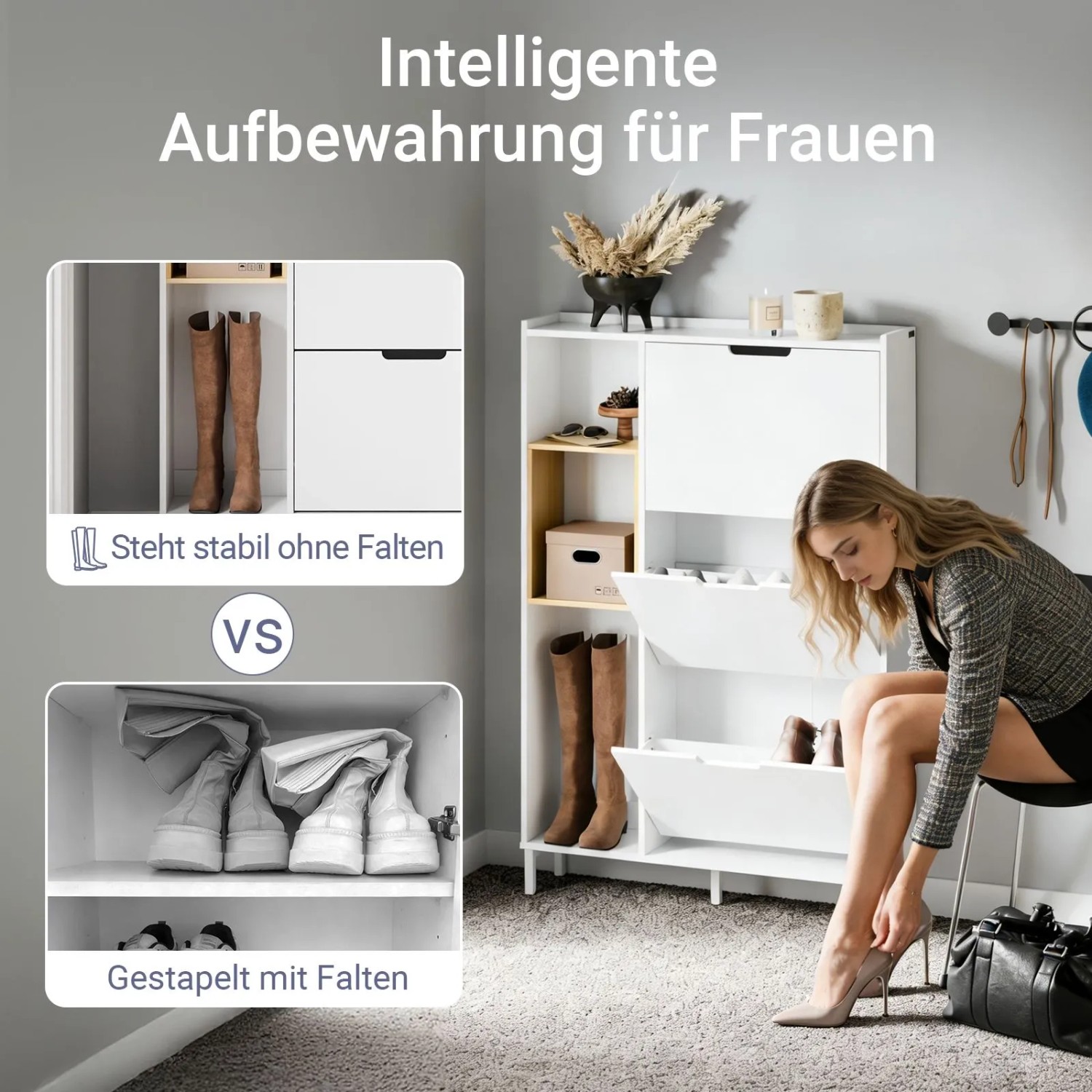 Weißer schmaler Schuhschrank mit 3 Klappen und Bambus-Akzenten. Frau zieht Schuhe an. Zeigt ordentliche Schuhaufbewahrung im Flur.
