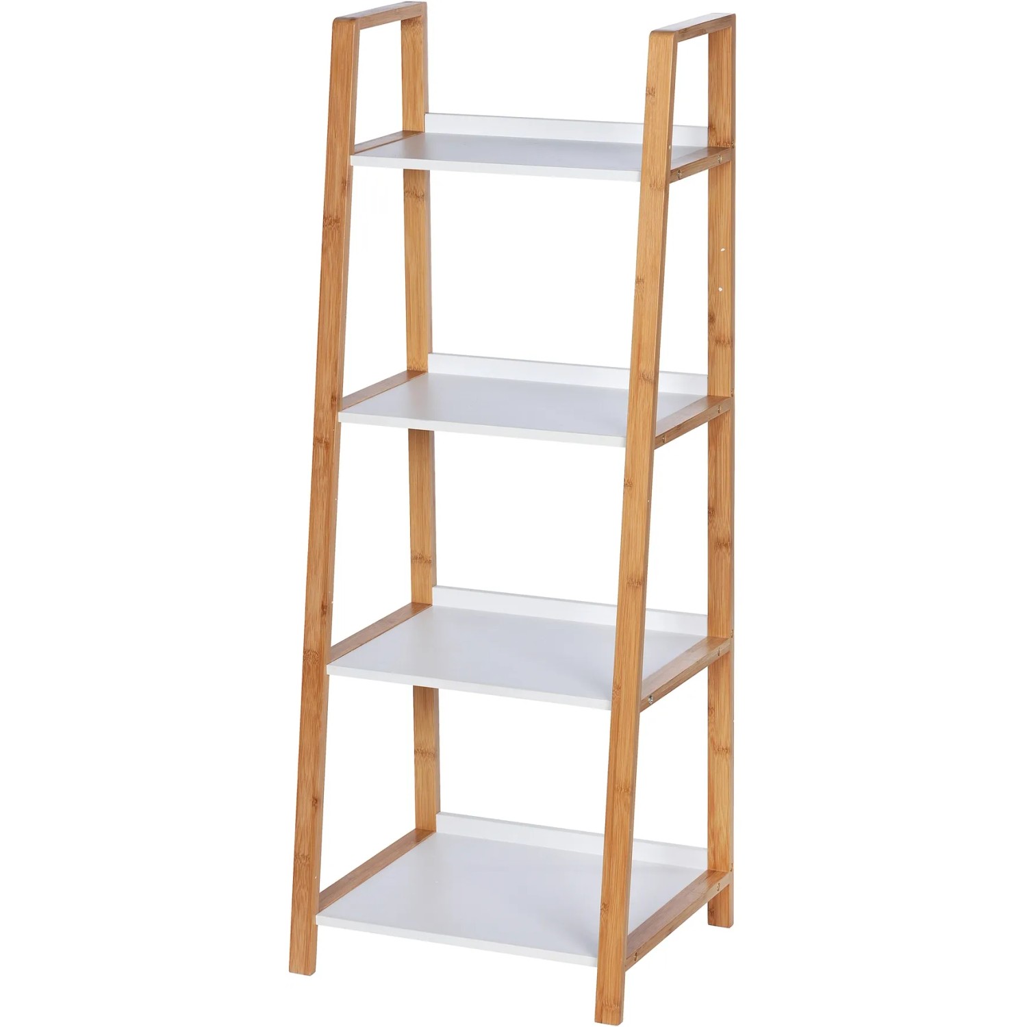 Wenko Regal Finja aus Bambus mit 4 weißen MDF-Etagen, braunes Holz.