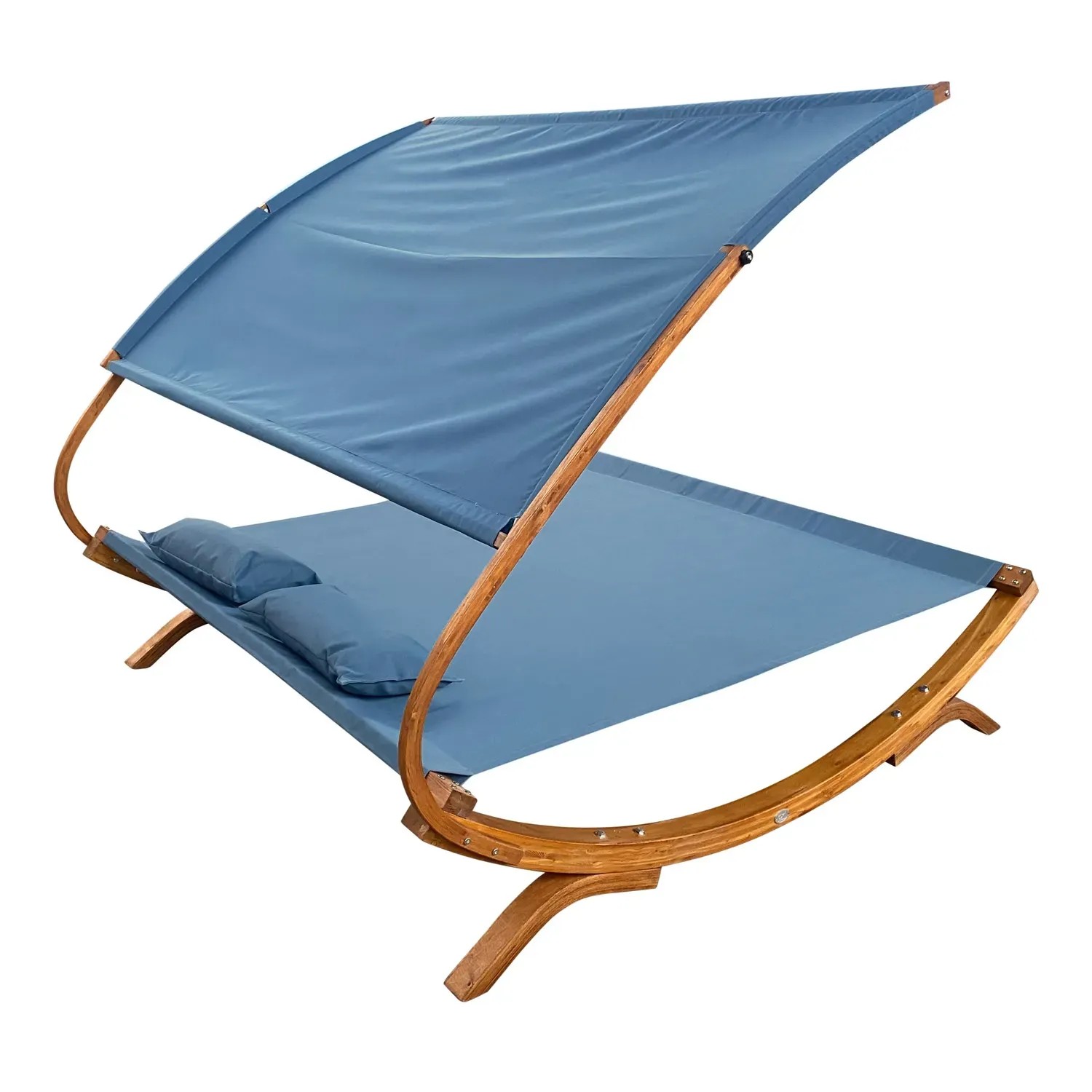 Blaue Doppelliege Mallorca mit Sonnendach aus Holz, inklusive Kissen. Ideal für den Garten.