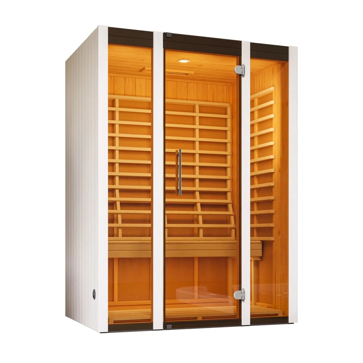 Weka Infrarotkabine Osby 1 mit Glasfront und wekaTherm-Flächenstrahler. Elegante Optik in Weiß.