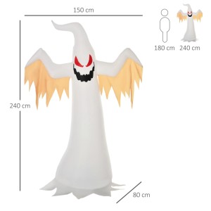 Weißes aufblasbares Halloween Gespenst, 240 cm hoch, mit roten LED-Augen und orangefarbenen Armen. Dekorative Figur.