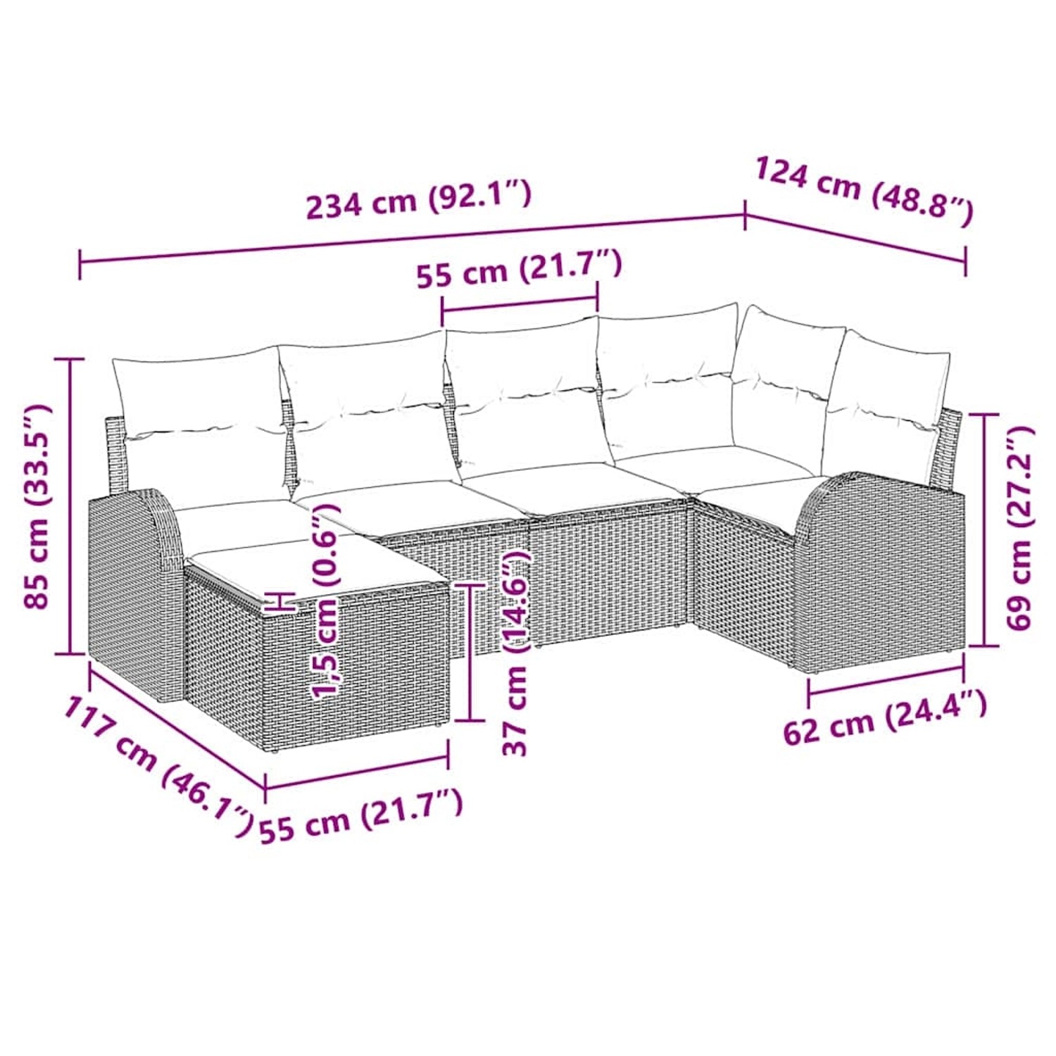 Schwarzes 6-teiliges vidaXL Garten-Sofa-Set aus Poly Rattan mit Kissen. Gartenmöbel für 6 Personen.