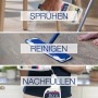 Bona Reiniger für geölte Böden: Anwendung in 3 Schritten (Sprühen, Reinigen, Nachfüllen).
