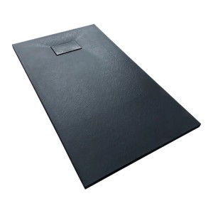 Schwarze rechteckige Duschwanne 120x90 cm aus Verbundwerkstoff mit Steinoptik und Ablaufabdeckung.