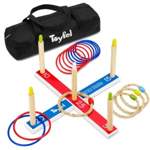 Toyfel Mitty Toss Wurfspiel Set mit Holzfuß, bunten Ringen und Tragetasche.