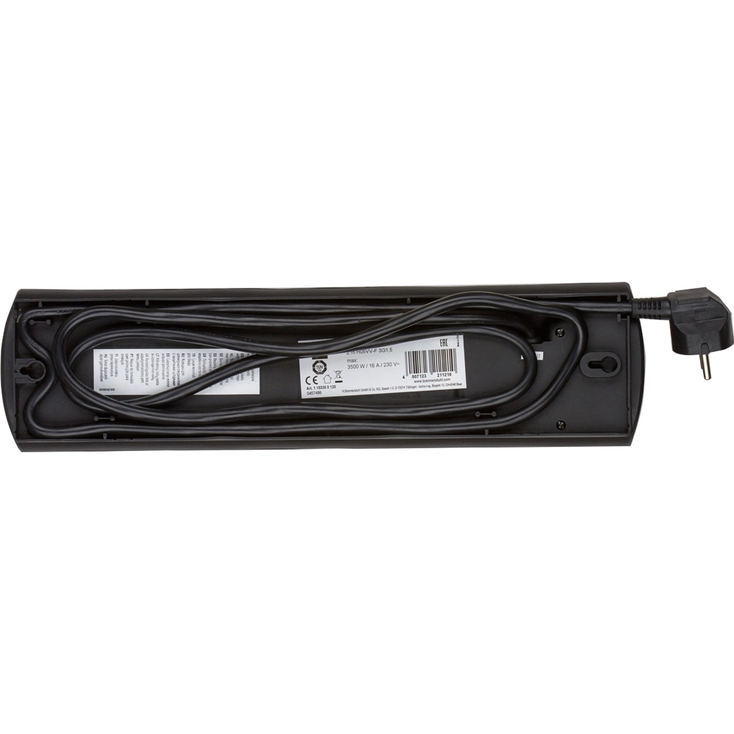 Brennenstuhl Primera-Line Steckdosenleiste, 10-fach, schwarz, mit Schalter und Befestigung für die Wandmontage.