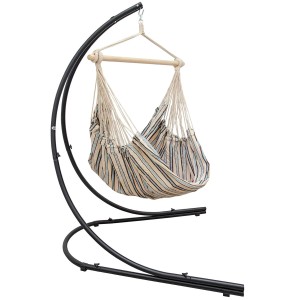 AMANKA Hängesessel mit Gestell, beige-gestreift. Freistehender Schaukelsessel mit Stahlrohr-Gestell für Garten & Balkon.