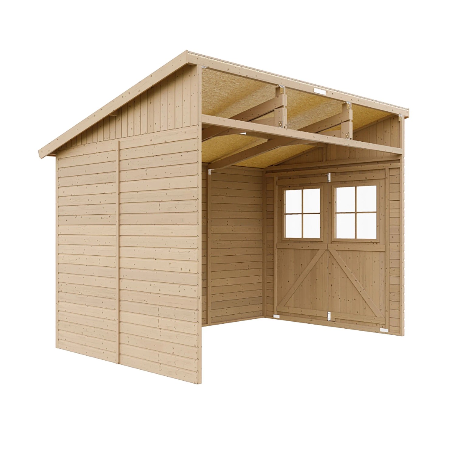 Timbela Gartenhaus M339, 6m², Holz, ohne Seitenwand und Boden. Anbau-Gerätehaus mit Doppeltür.