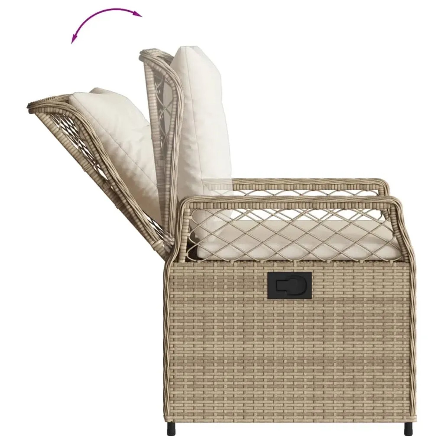 Verstellbarer Gartenstuhl aus Rattan, beige, mit Kissen. Teil der vidaXL 5-tlg. Garten-Essgruppe.