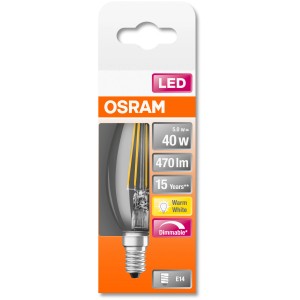 Osram LED-Leuchtmittel E14, Kerzenform, 4,8W, warmweiß, 470lm. Dimmbare LED Lampe für stimmungsvolles Licht.