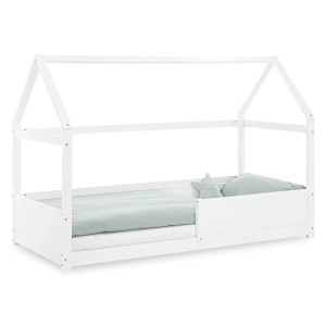 Weißes Kinder Hausbett aus Kiefernholz, 90x200 cm, mit Rausfallschutz. Modernes Bodenbett für Mädchen & Jungen.