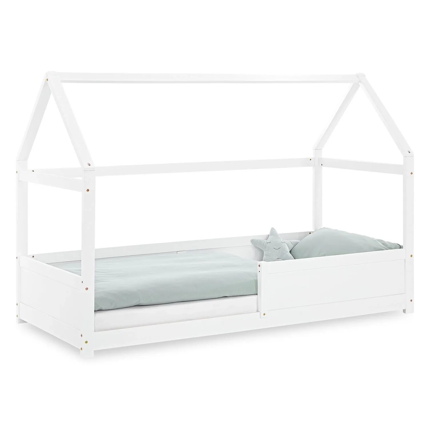 Homestyle4u Kinderbett Weiß Hausbett mit Rausfallschutz 90x200 cm Bodenbett 2811
