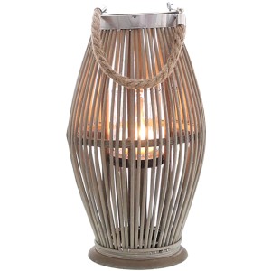 Windlicht aus Bambus, 50,5 cm hoch, mit Glaseinsatz und Tragegriff aus Seil.