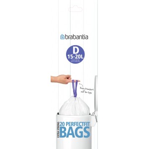 Brabantia Müllbeutel Perfect Fit D, 15L, 20 Stück mit Zugband im Abfalleimer.