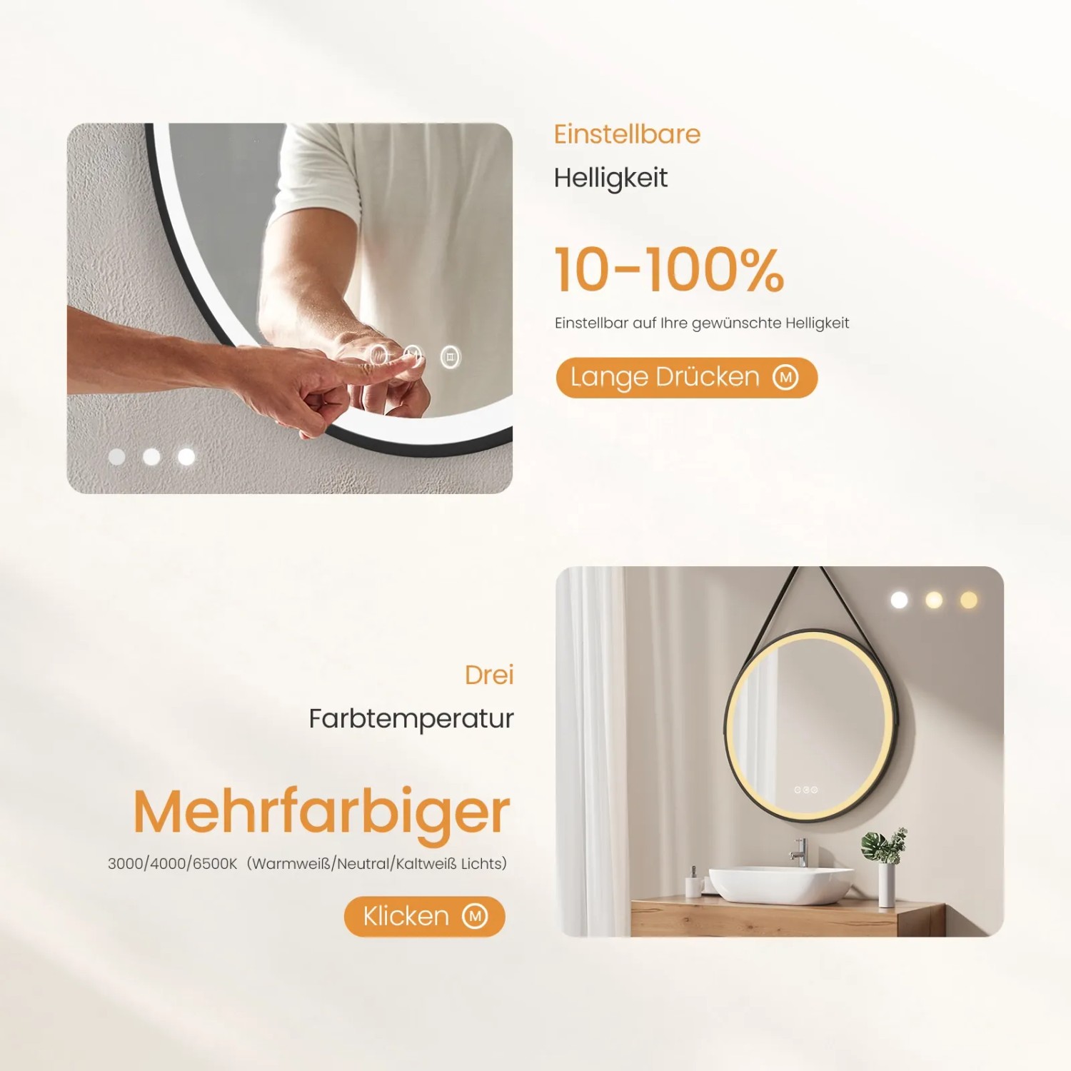 Emke Badspiegel 80cm mit LED-Beleuchtung, dimmbar und 3 Farbtemperaturen.