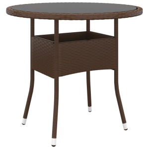 Brauner Gartentisch aus Poly Rattan mit Glasplatte, Ø80cm. Ideal für Terrasse und Garten.