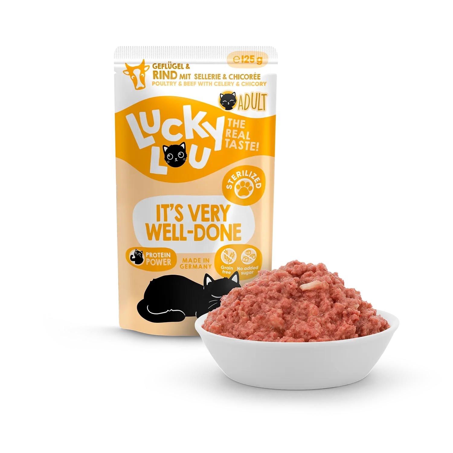 Lucky Lou Katzen-Nassfutter Sterilized Geflügel & Rind, 125g Packung und Schale mit Futter.
