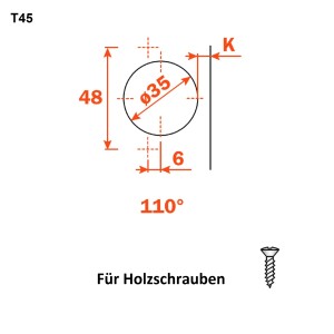 Technische Zeichnung: Salice Universalscharnier T48, 110 Grad, Maße und Bohrlochabstand für Montage.