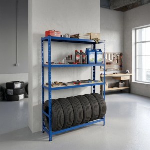 Relaxdays Reifenregal Stahl Blau Höhenverstellbar für 6 Reifen mit 3 MDF-Ablagen 180 cm x 120 cm x 40 cm
