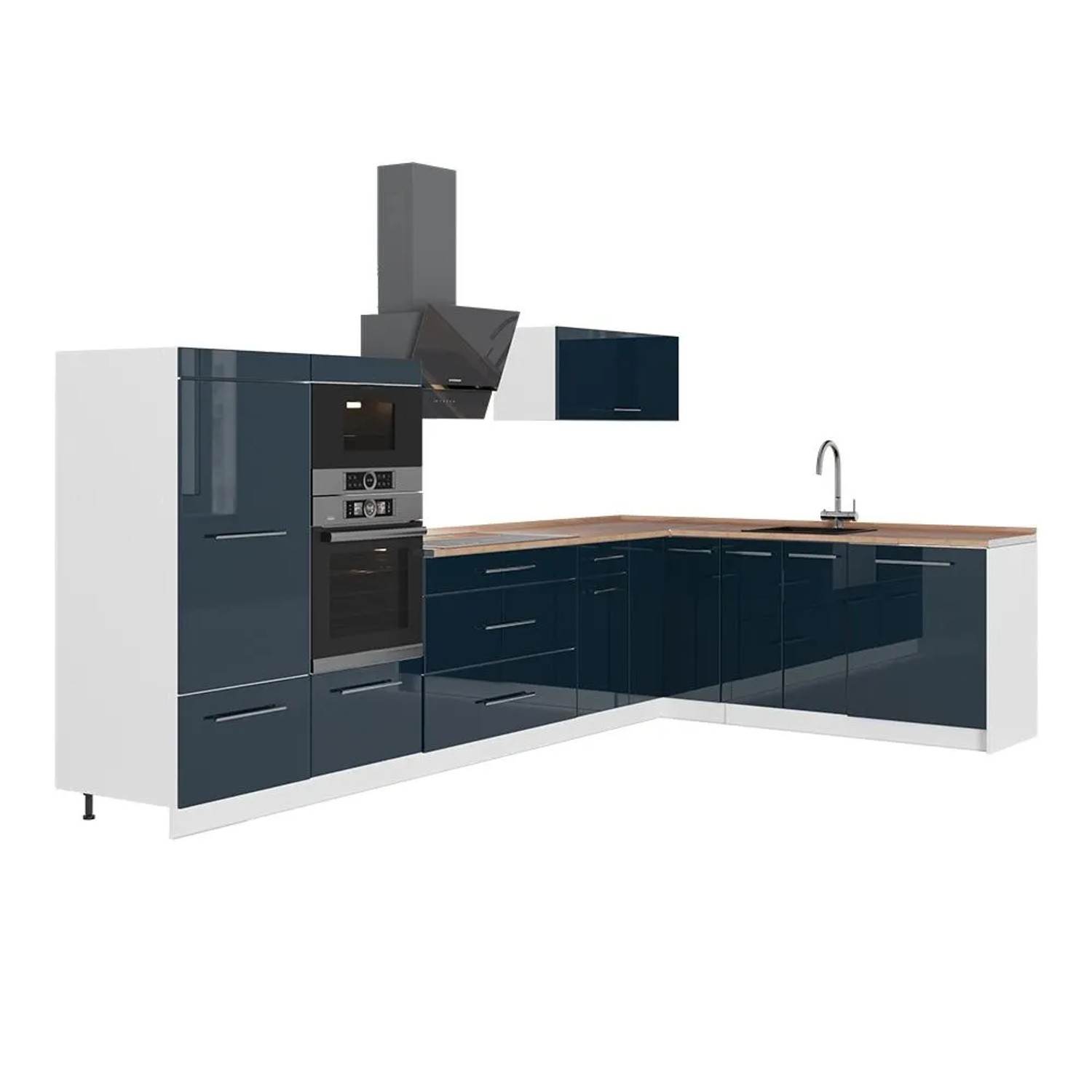 Vicco Eckküche Fame-Line Dunkelblau Hochglanz/Weiß 347 x 154 AP Eiche Art Nr 63639
