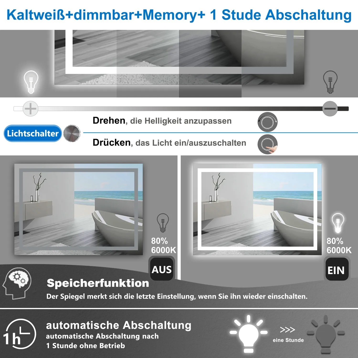 Aica Sanitär Badspiegel 120x70 cm mit LED-Beleuchtung, Drehknopf und Dimmfunktion.