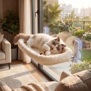 Beige Katzenhängematte am Fenster mit Katze. Gemütliche Fensterliege mit Saugnäpfen als Schlafplatz.