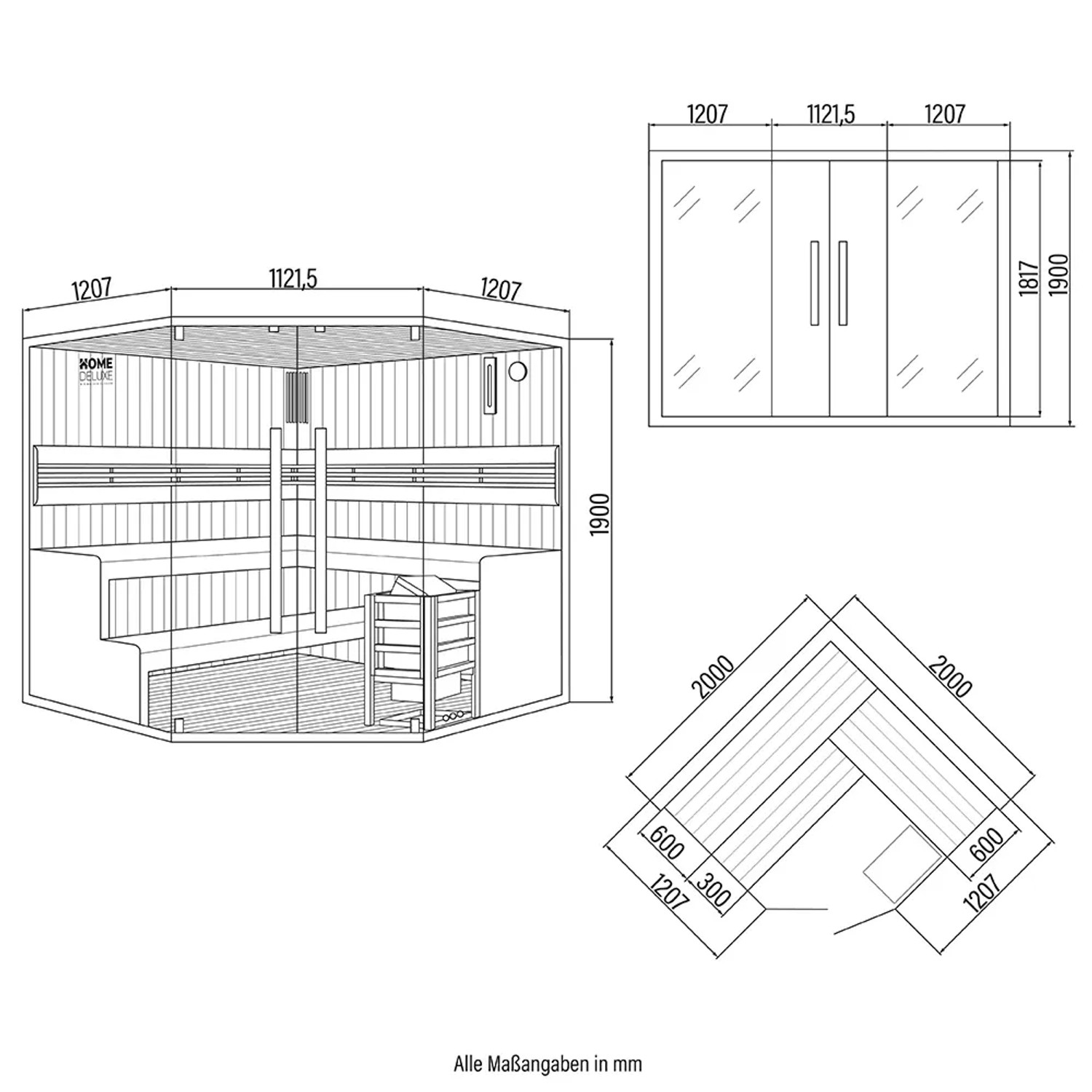 Skizze der Home Deluxe Sauna SHADOW BIG XL mit Maßen und Details für 6 Personen.
