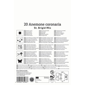 Weiße Verpackung für 20 Kiepenkerl Kronen-Anemone St. Brigid Blumenzwiebeln. Zeigt Produktinfos und Icons für Garten & Kübel.