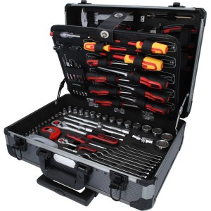 KS TOOLS 130-tlg. Universal Werkzeug Satz in offenem Aluminium-Trolley mit Schraubenziehern, Steckschlüsseln und Ratschen.