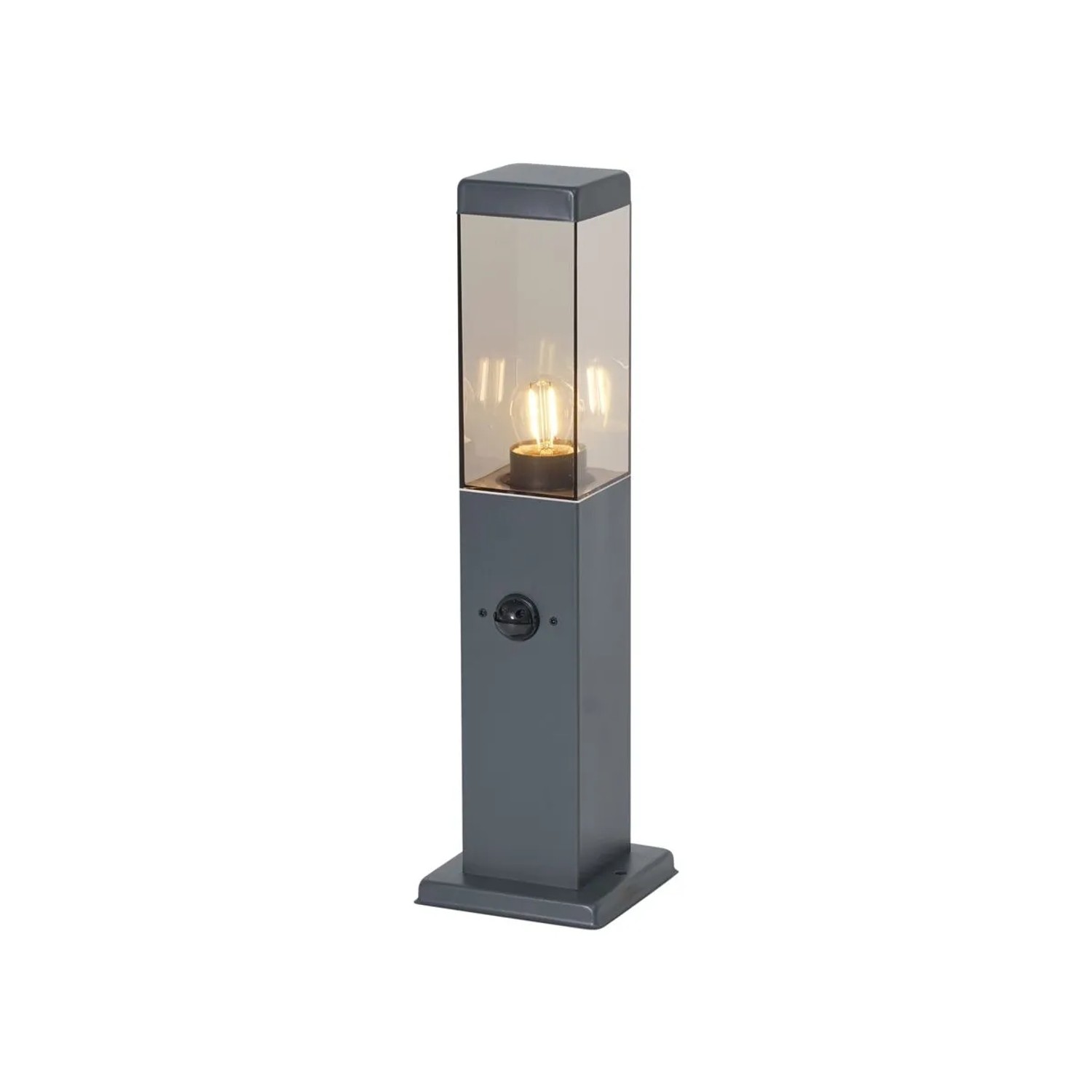 Qazqa Außenleuchte Dunkelgrau Mit Rauchglas 45cm IP44 Mit Steckdose Und Bewegungssensor Malios