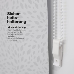 Detailaufnahme: Bestlivings Thermorollo mit Kindersicherung und floralem Muster.