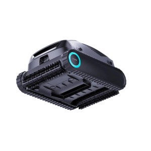 Schwarzer Aiper Scuba X1 kabelloser Poolroboter mit Raupenantrieb und blauem Akzentlicht. Reinigt Pools effizient.