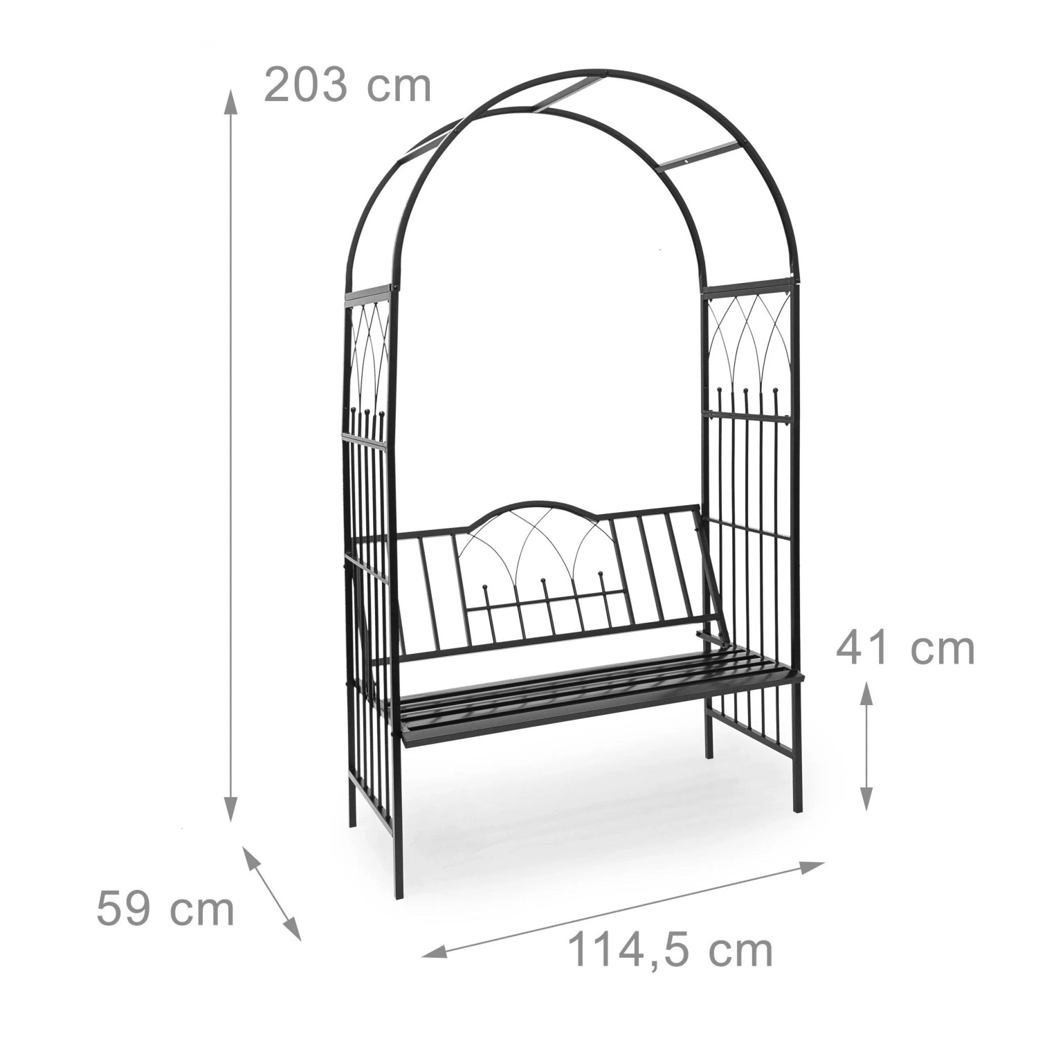 Schwarzer Rosenbogen aus Eisen mit integrierter Sitzbank. Ideal als Rankhilfe für Kletterpflanzen im Garten. Maße: 203x114,5x59 cm.