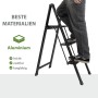Schwarze TRUTZHOLM Alu Trittleiter mit 3 Stufen, klappbar und mit Person auf den Stufen.