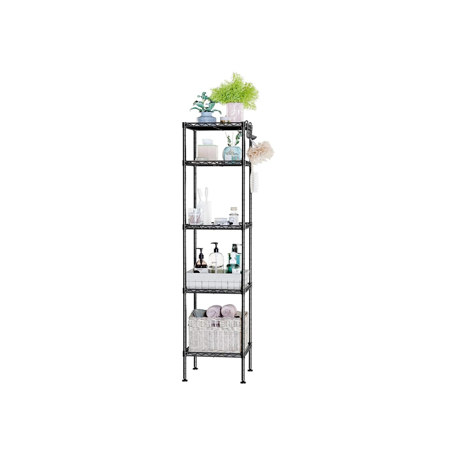 Schwarzes Songmics Standregal mit 5 Ablagen, transparenten Platten und Badutensilien.