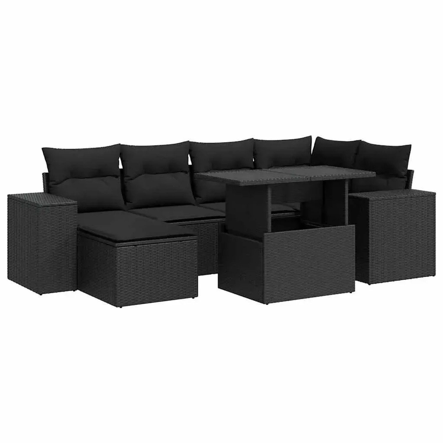 vidaXL 7-Tlg Garten-Sofagarnitur mit Kissen Schwarz Poly Rattan 3326826