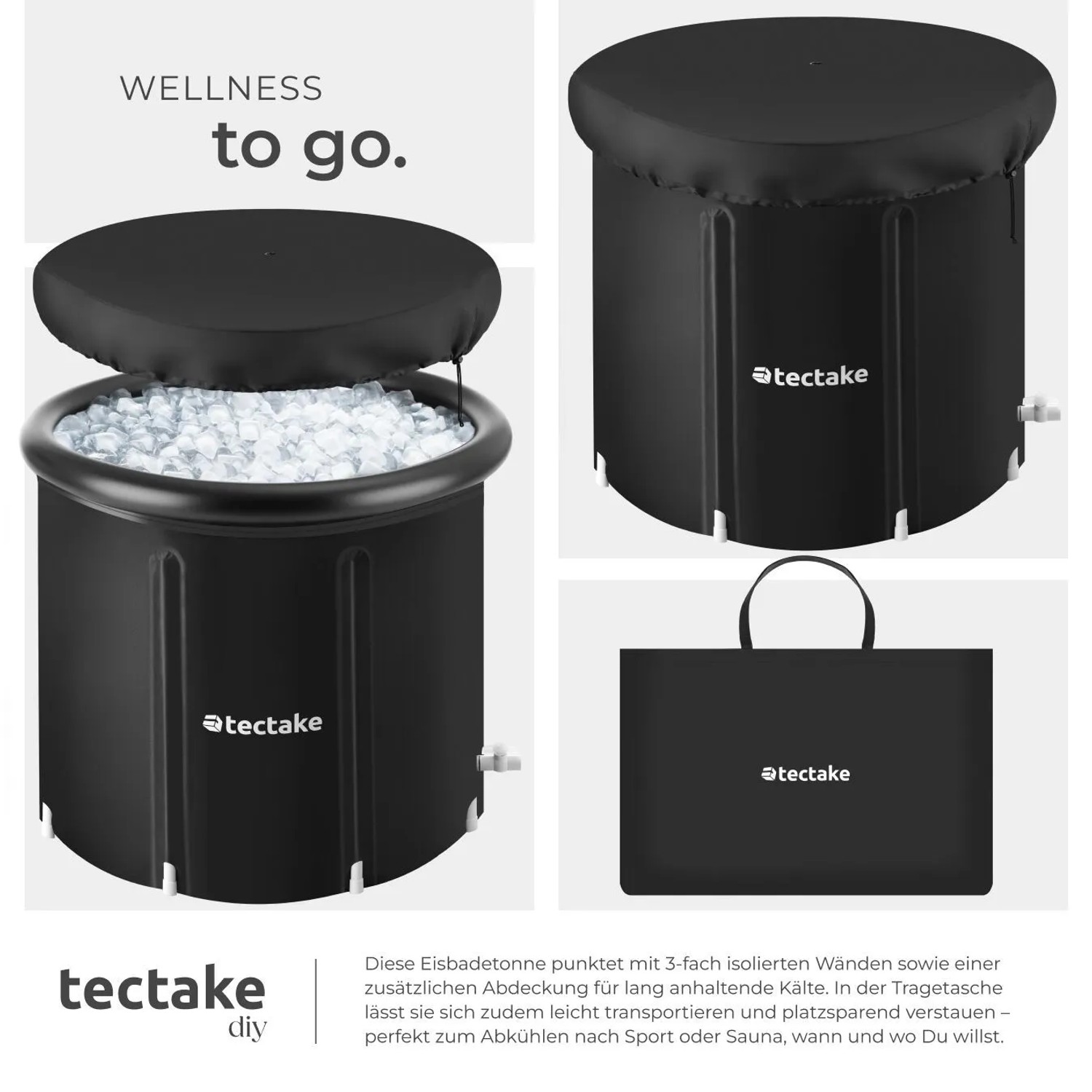 Tectake Eisbadetonne Helsinki, faltbar mit Zubehör und Tragetasche.