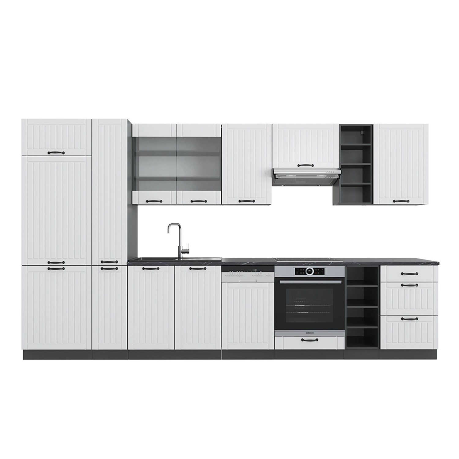 Vicco Fame-Line Küchenzeile Weiß Landhaus/Anthrazit 355 cm AP Anthrazit günstig online kaufen