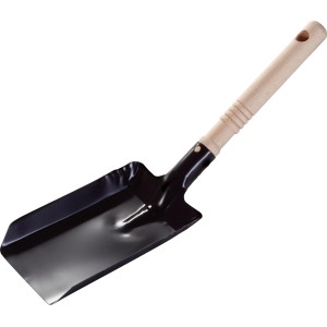 Kleine Kohlekehrschaufel aus Metall mit Holzgriff für Reinigungsarbeiten im Außenbereich.