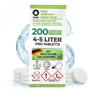 Oasis Wasseraufbereitung Tabletten, 200 Stück, für 4-5L pro Tablette, mit deutscher Zulassung. Ideal für Camping & Outdoor.