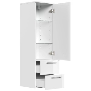 Posseik Hochschrank, 120 cm, Weiß Hochglanz, mit Glaseinlagen und offenen Tür.