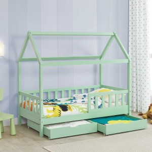 Mintfarbenes Juskys Kinderbett Marli 80x160 mit Bettkasten, Matratze und Hausbett-Optik.
