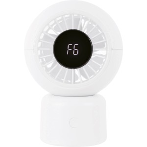 Weißer Tischventilator mit LED-Anzeige und USB-Anschluss. Kompakter Ventilator für den Schreibtisch.
