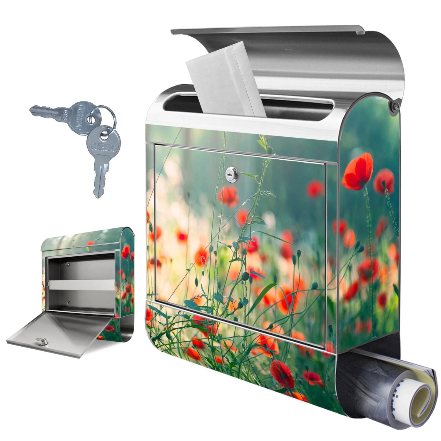 Banjado Edelstahl Briefkasten mit Waldmohn Motiv und Zeitungsfach, inklusive Schlüssel.