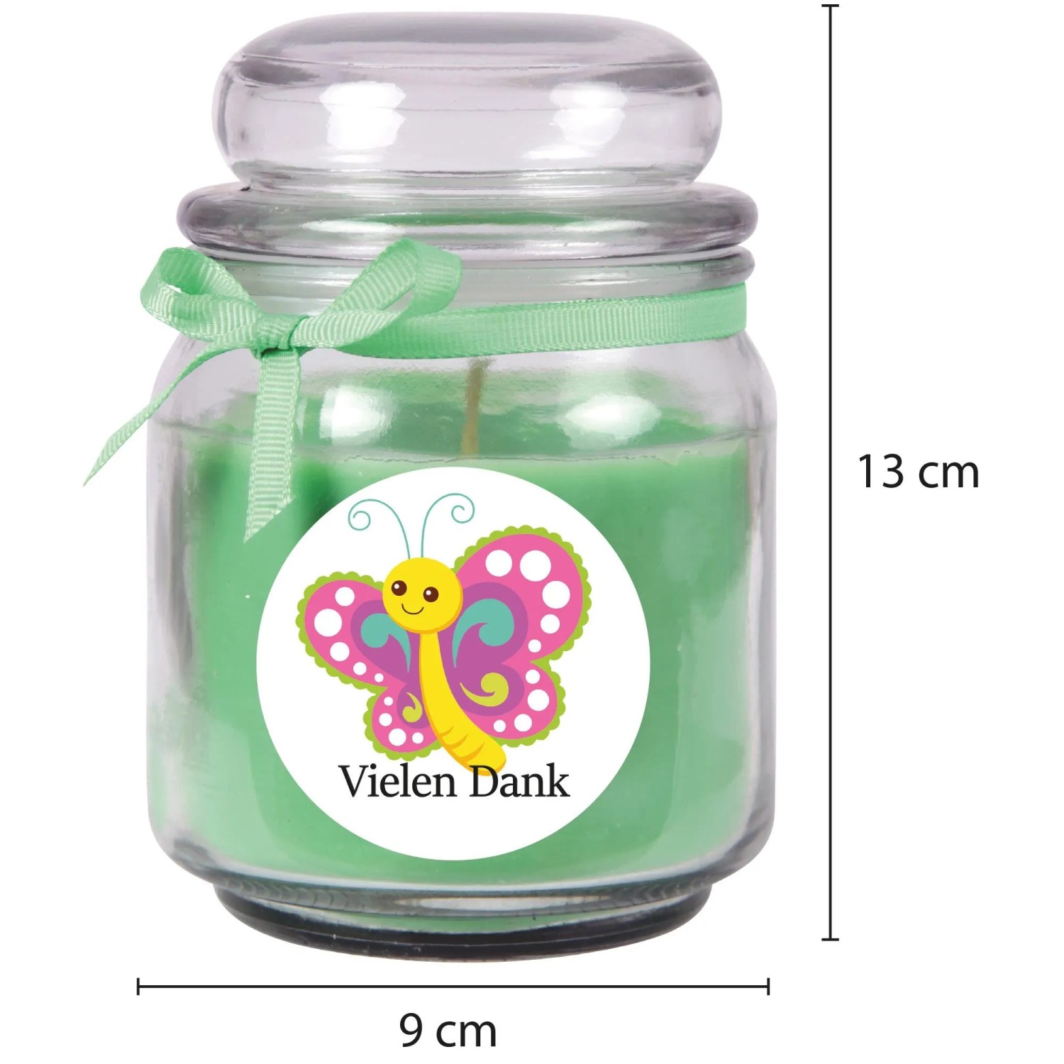 Grüne HS Candle Duftkerze "Danke" im Bonbonglas mit Kokosduft.